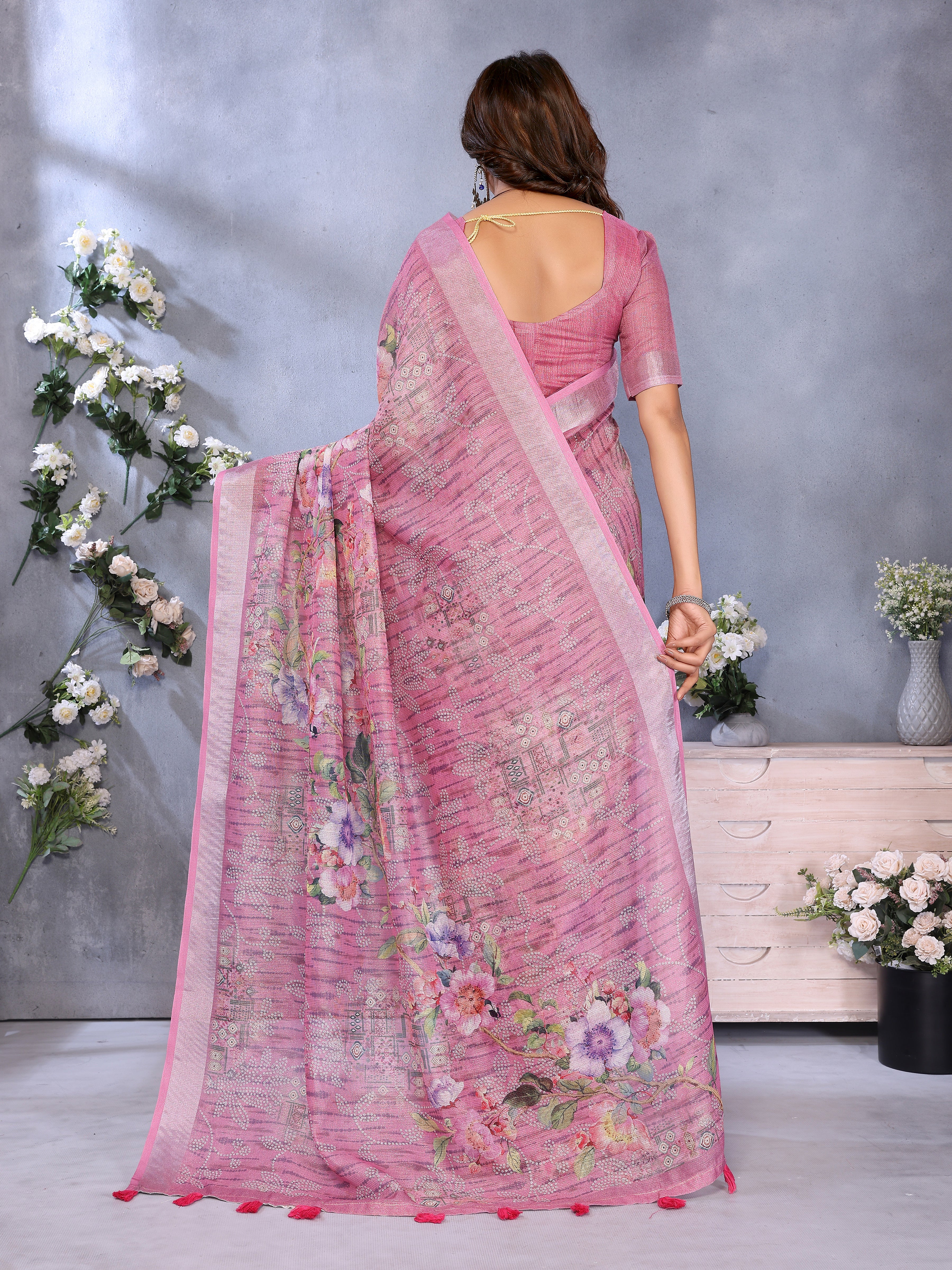 Pink Floral Printed Linen Shimmer Saree with Woven Tassel Pallu