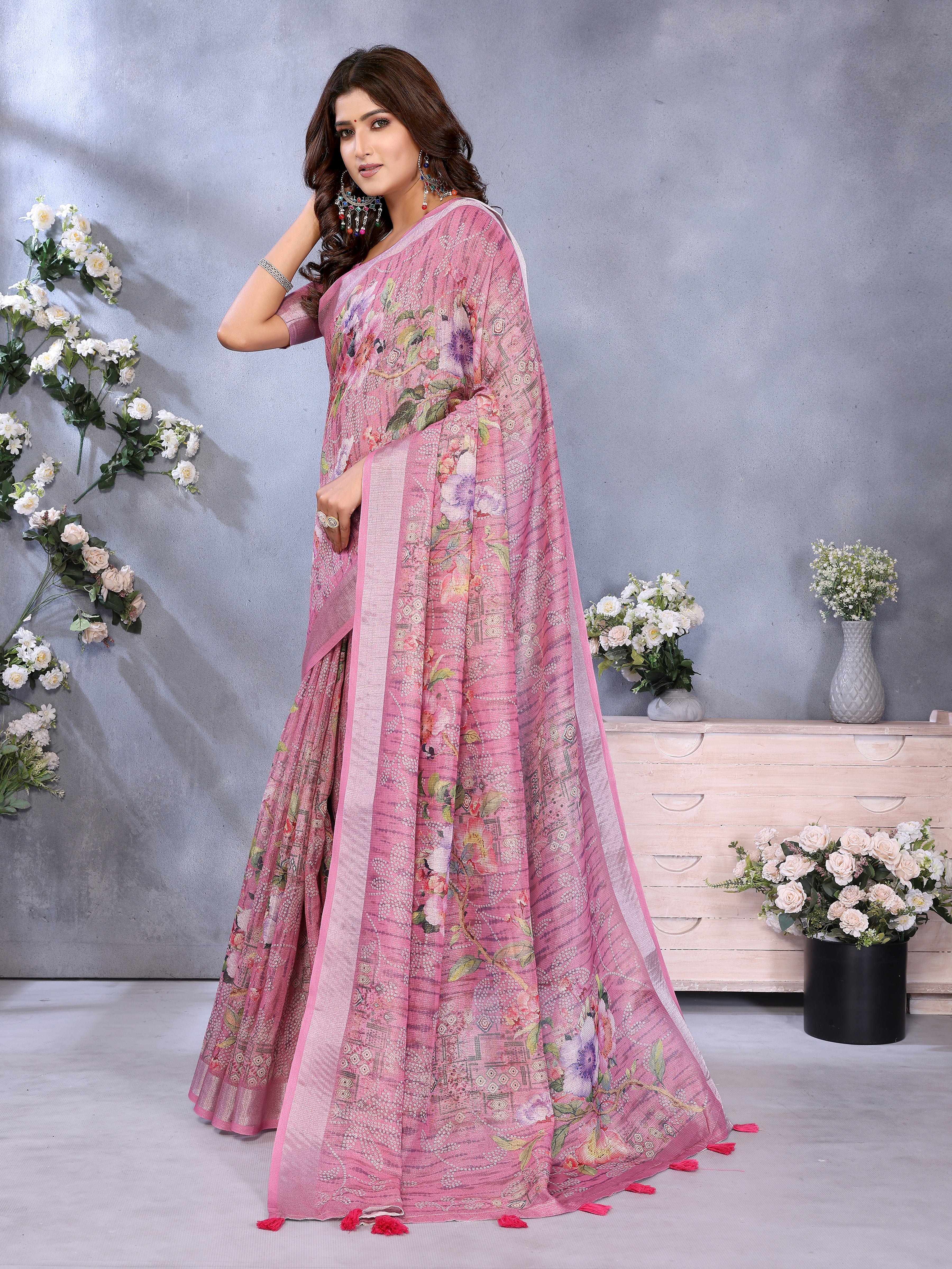Pink Floral Printed Linen Shimmer Saree with Woven Tassel Pallu