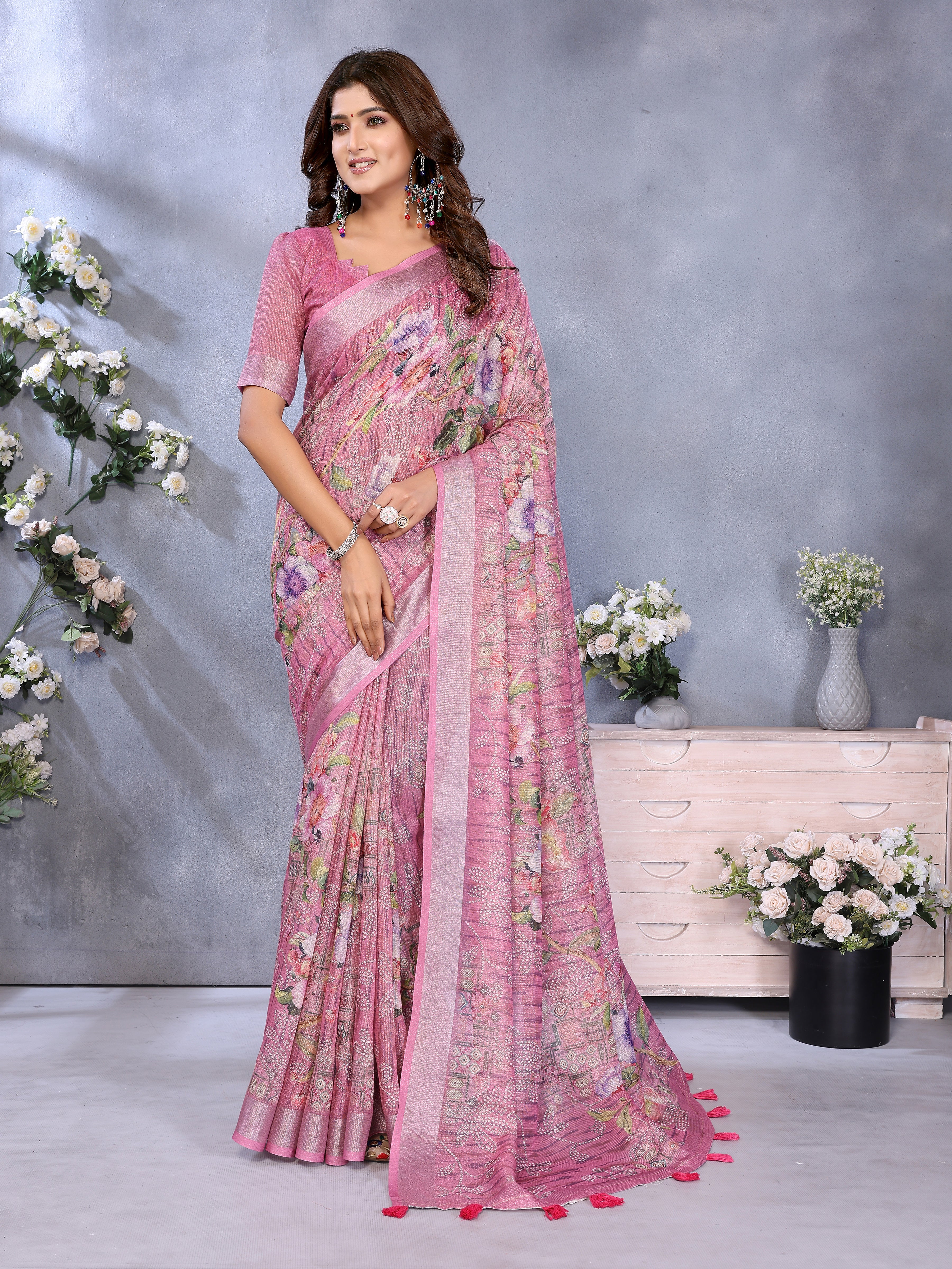 Pink Floral Printed Linen Shimmer Saree with Woven Tassel Pallu