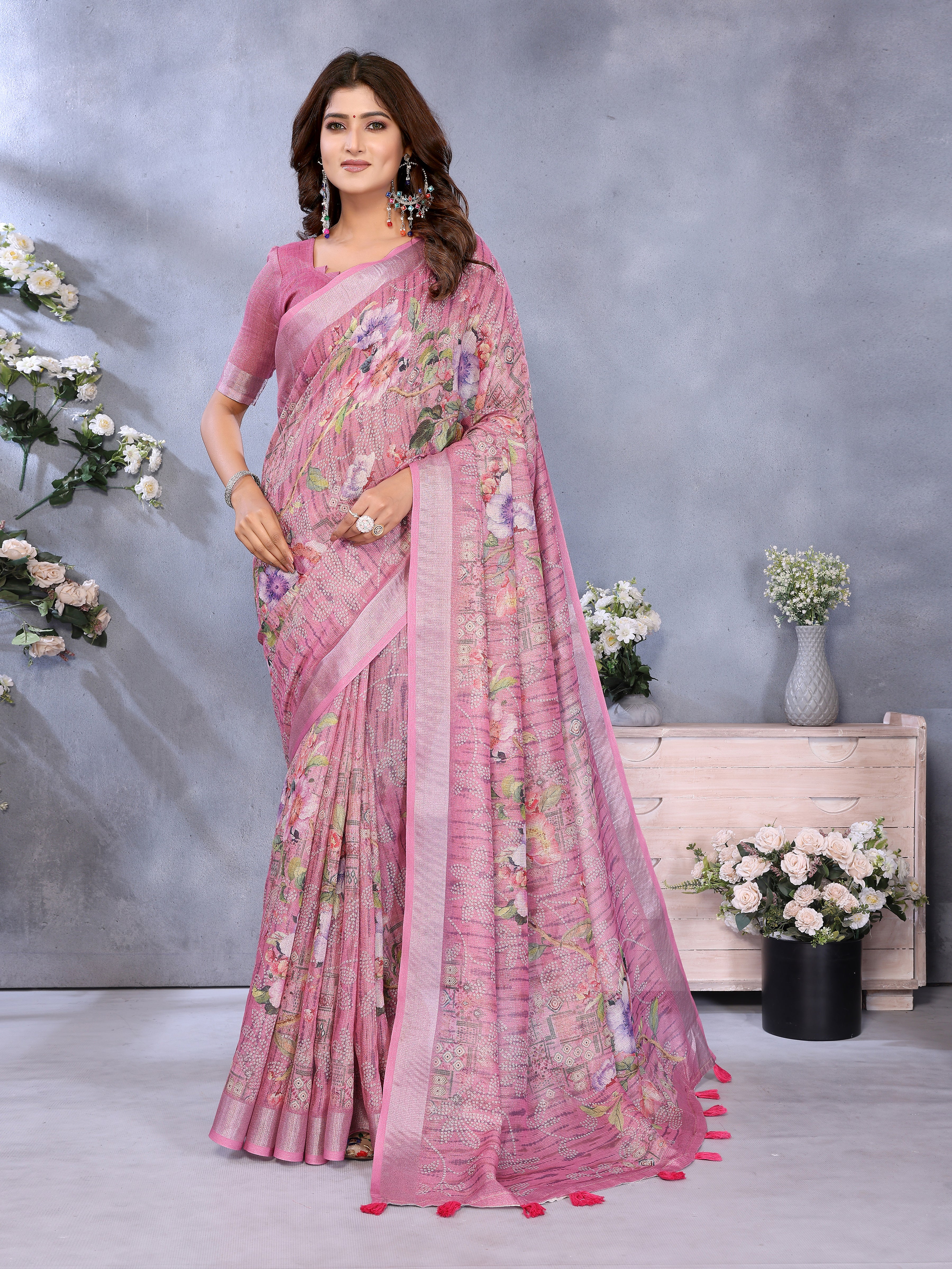 Pink Floral Printed Linen Shimmer Saree with Woven Tassel Pallu