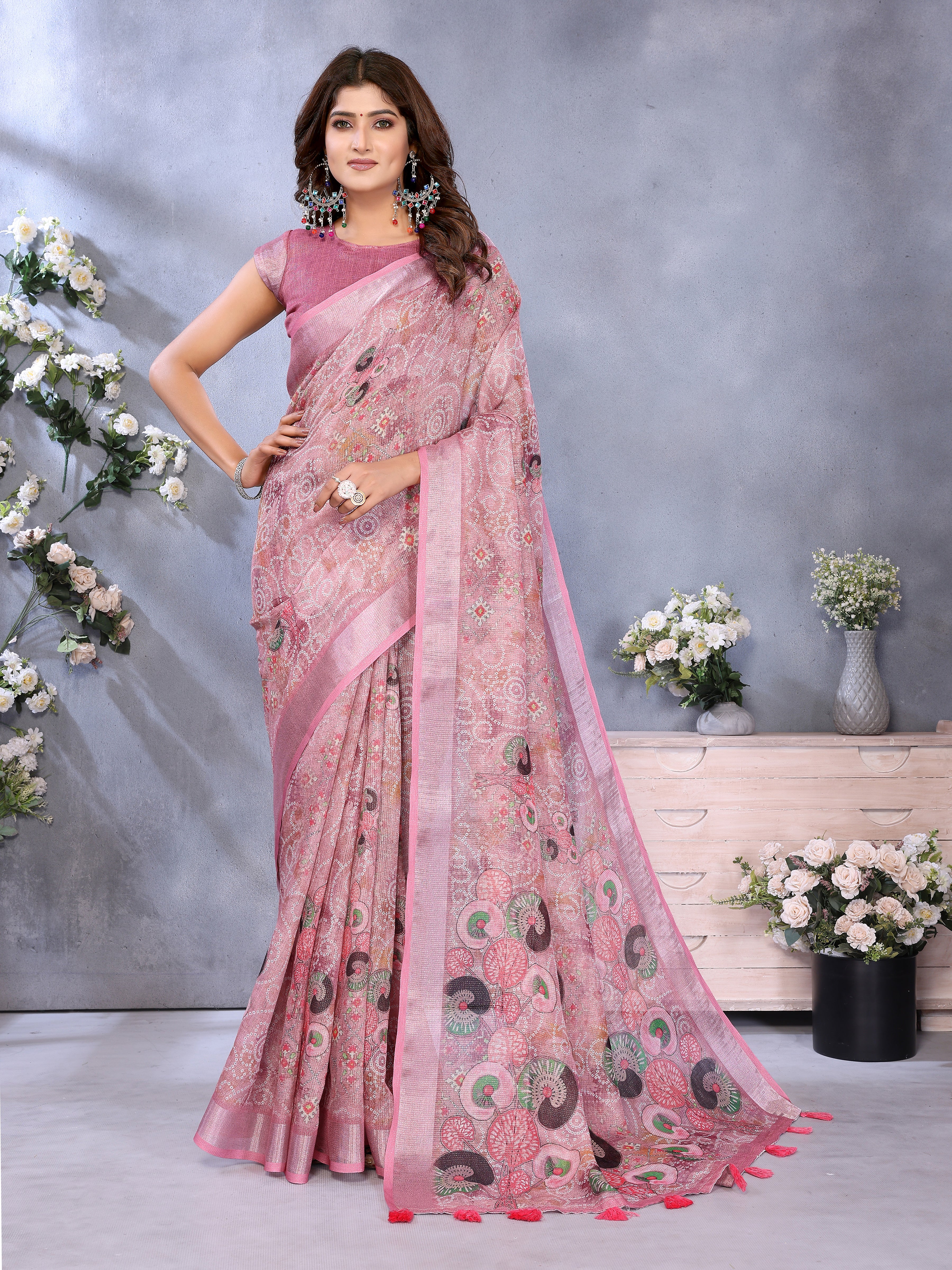 Rose Pink Ethnic Printed Linen Shimmer Saree with Tassel Border