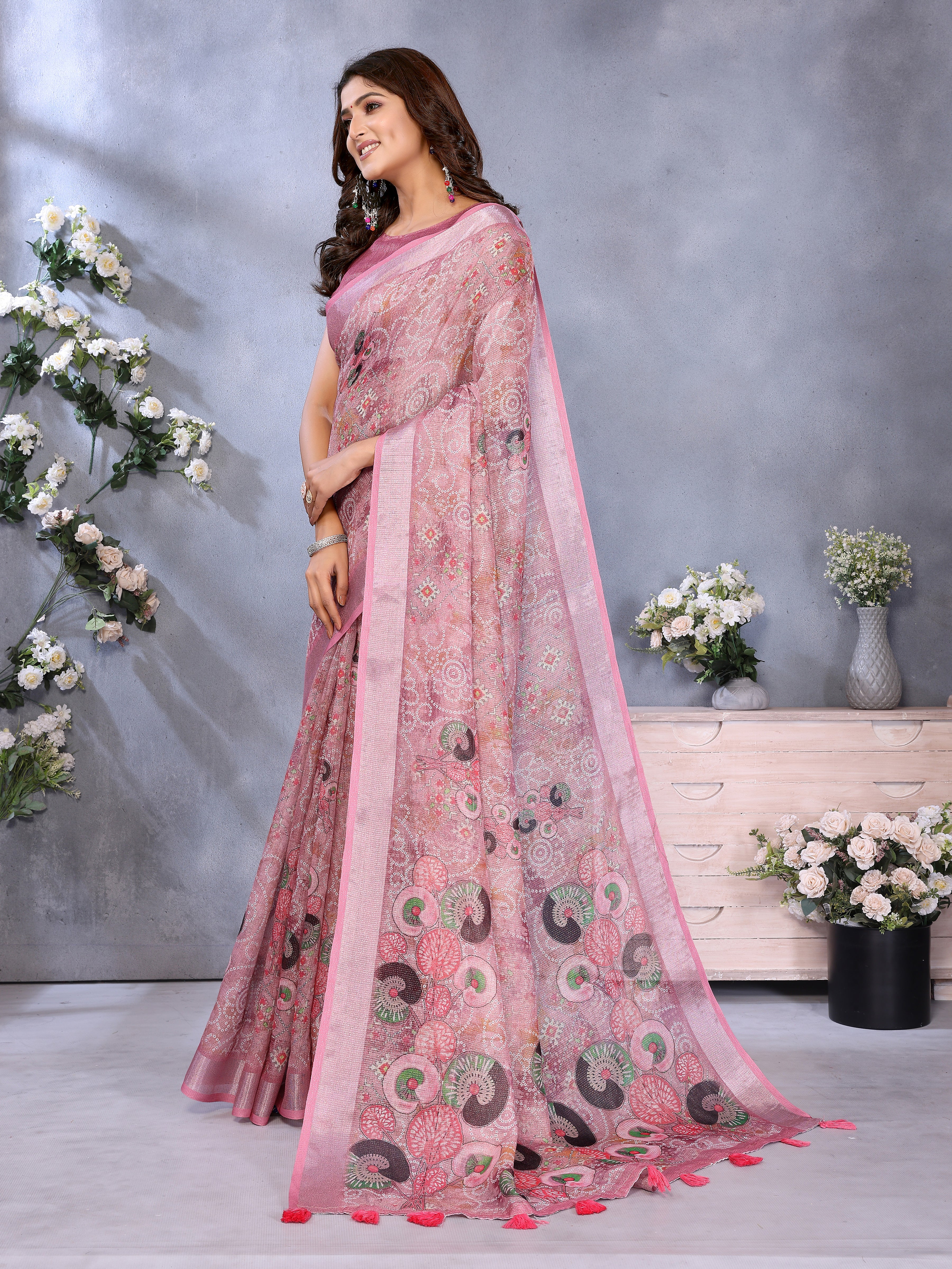 Rose Pink Ethnic Printed Linen Shimmer Saree with Tassel Border
