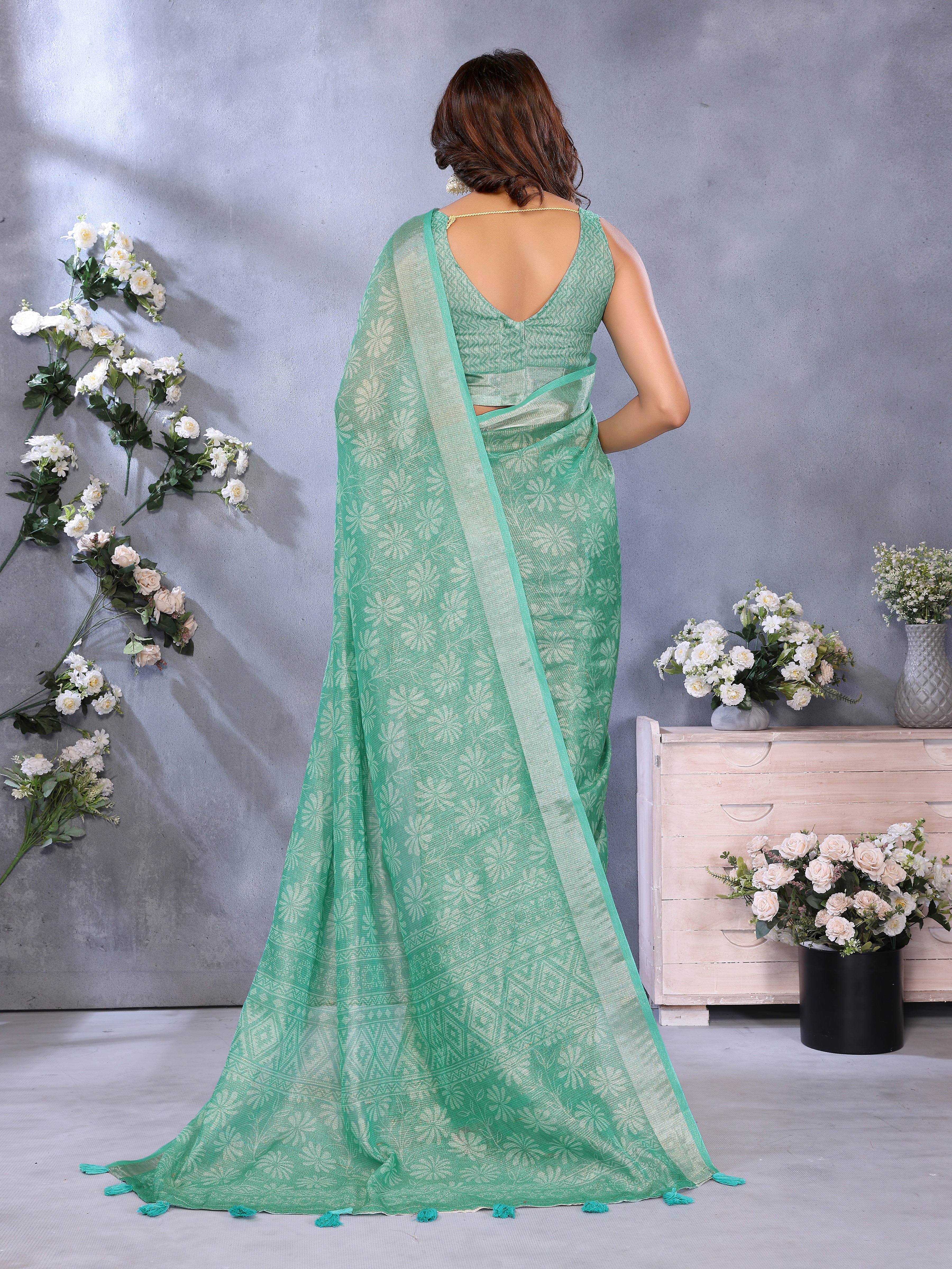 Sea Green Woven Pattern Linen Shimmer Saree with Matching Border