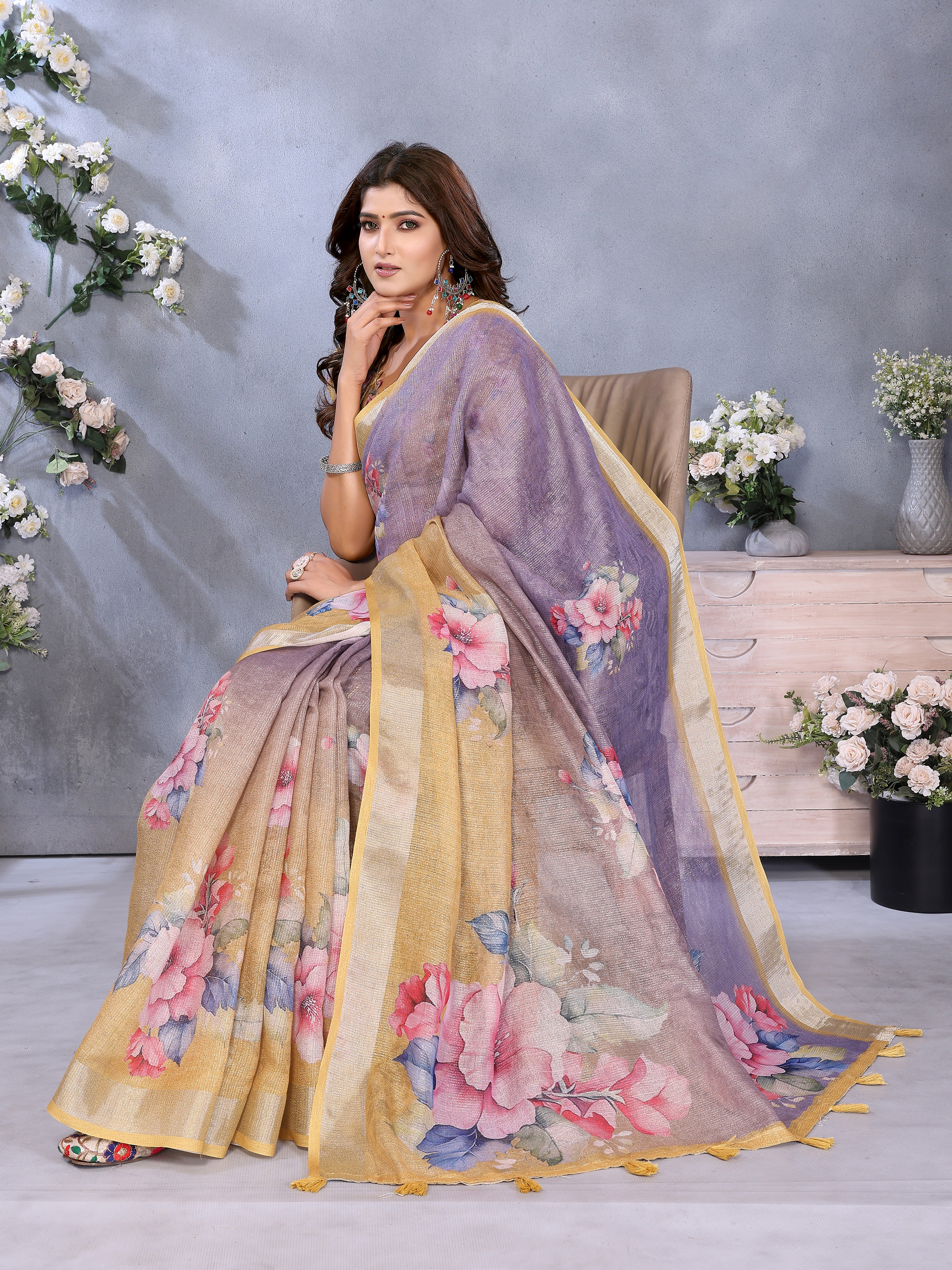 Lavender Yellow Floral Printed Linen Shimmer Saree with Golden Tassel Border