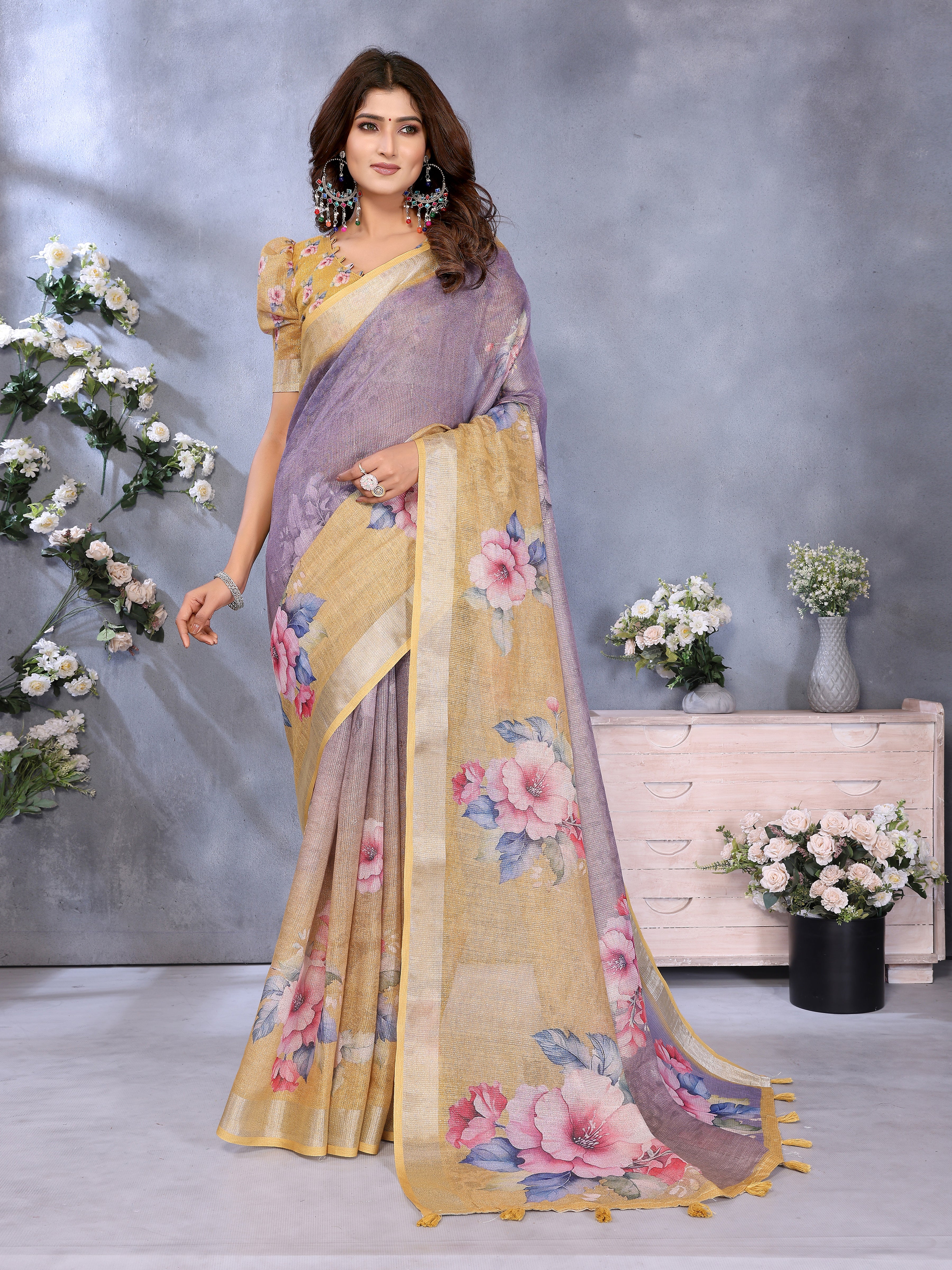 Lavender Yellow Floral Printed Linen Shimmer Saree with Golden Tassel Border