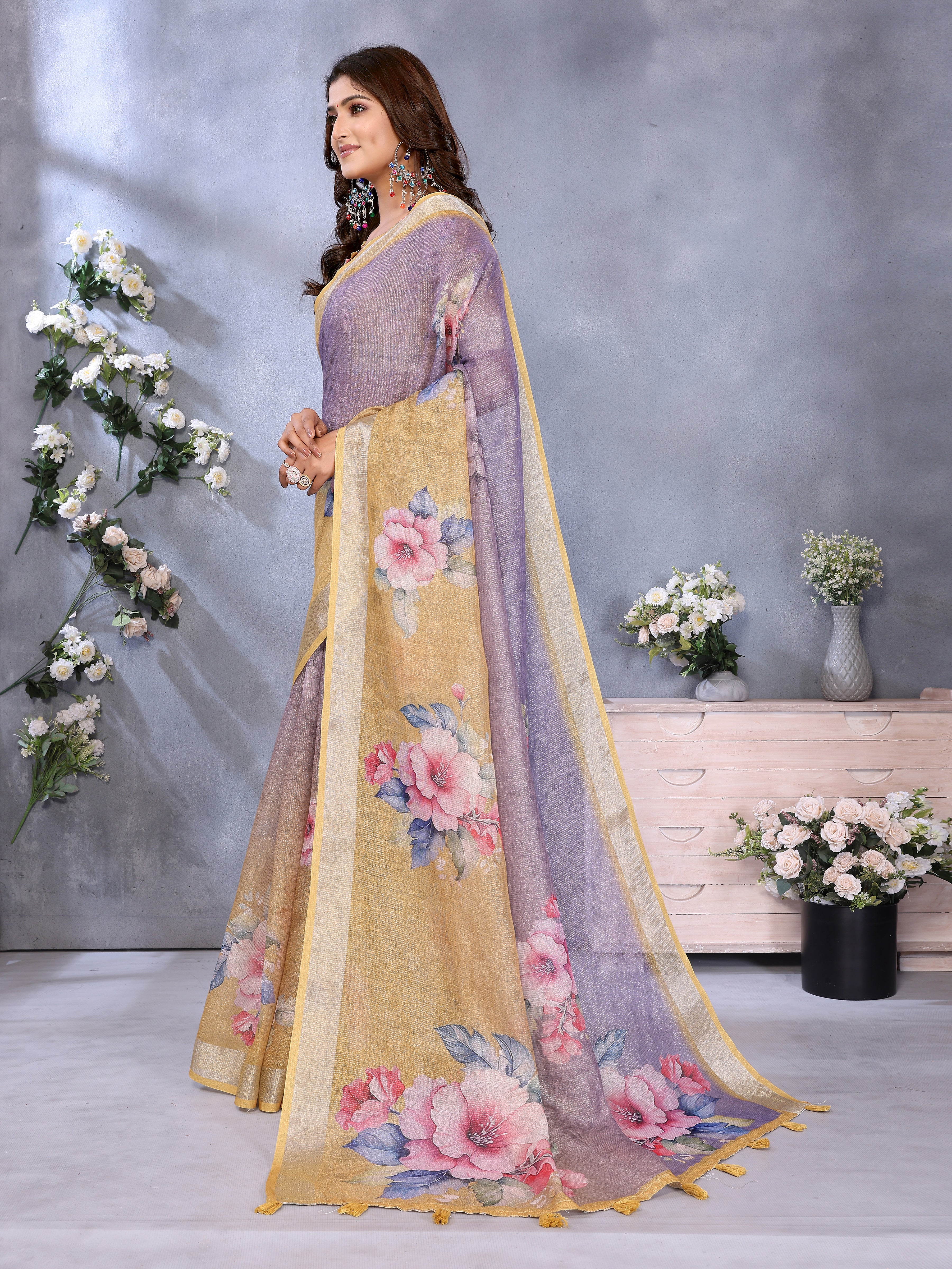 Lavender Yellow Floral Printed Linen Shimmer Saree with Golden Tassel Border
