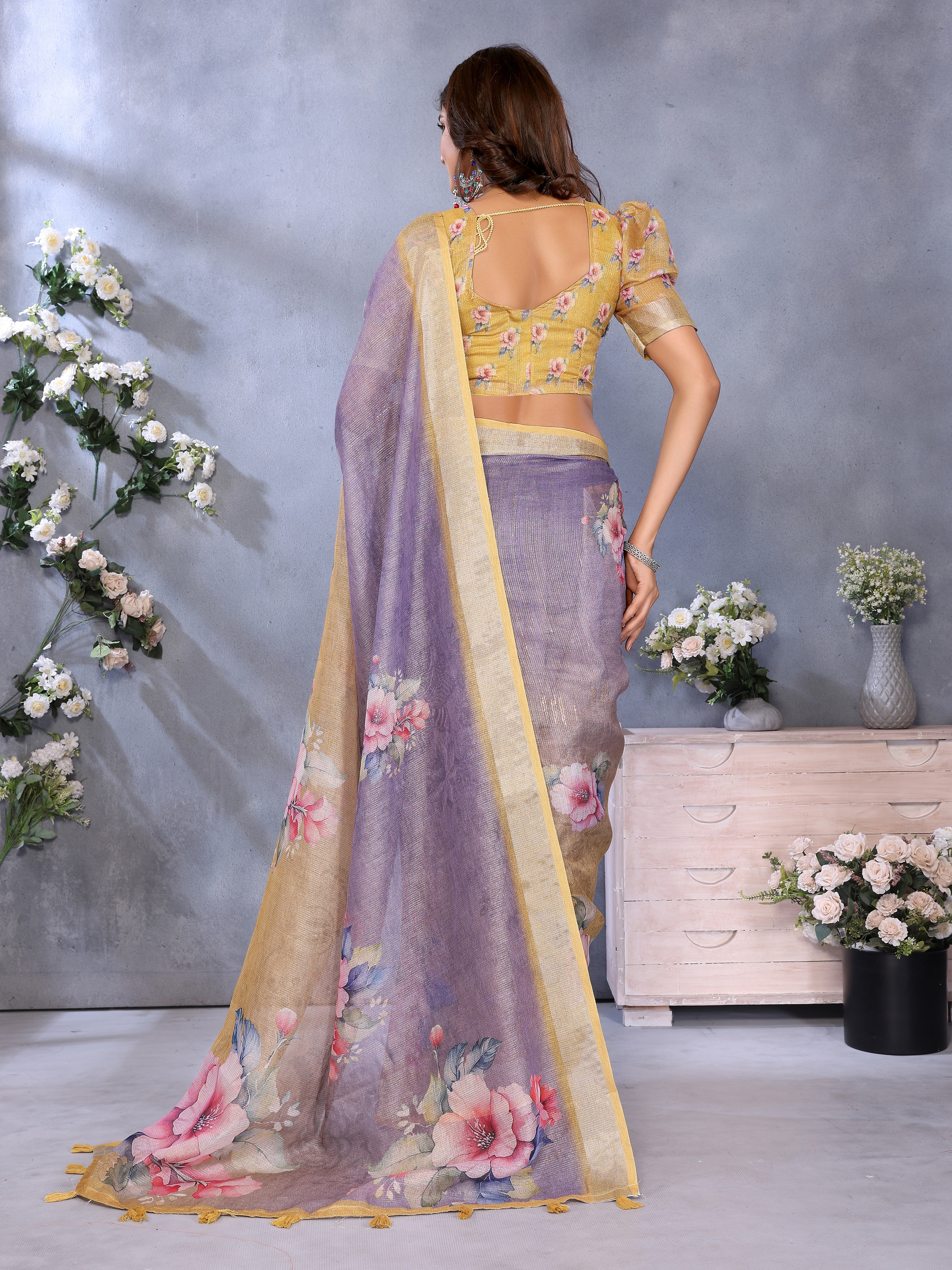 Lavender Yellow Floral Printed Linen Shimmer Saree with Golden Tassel Border