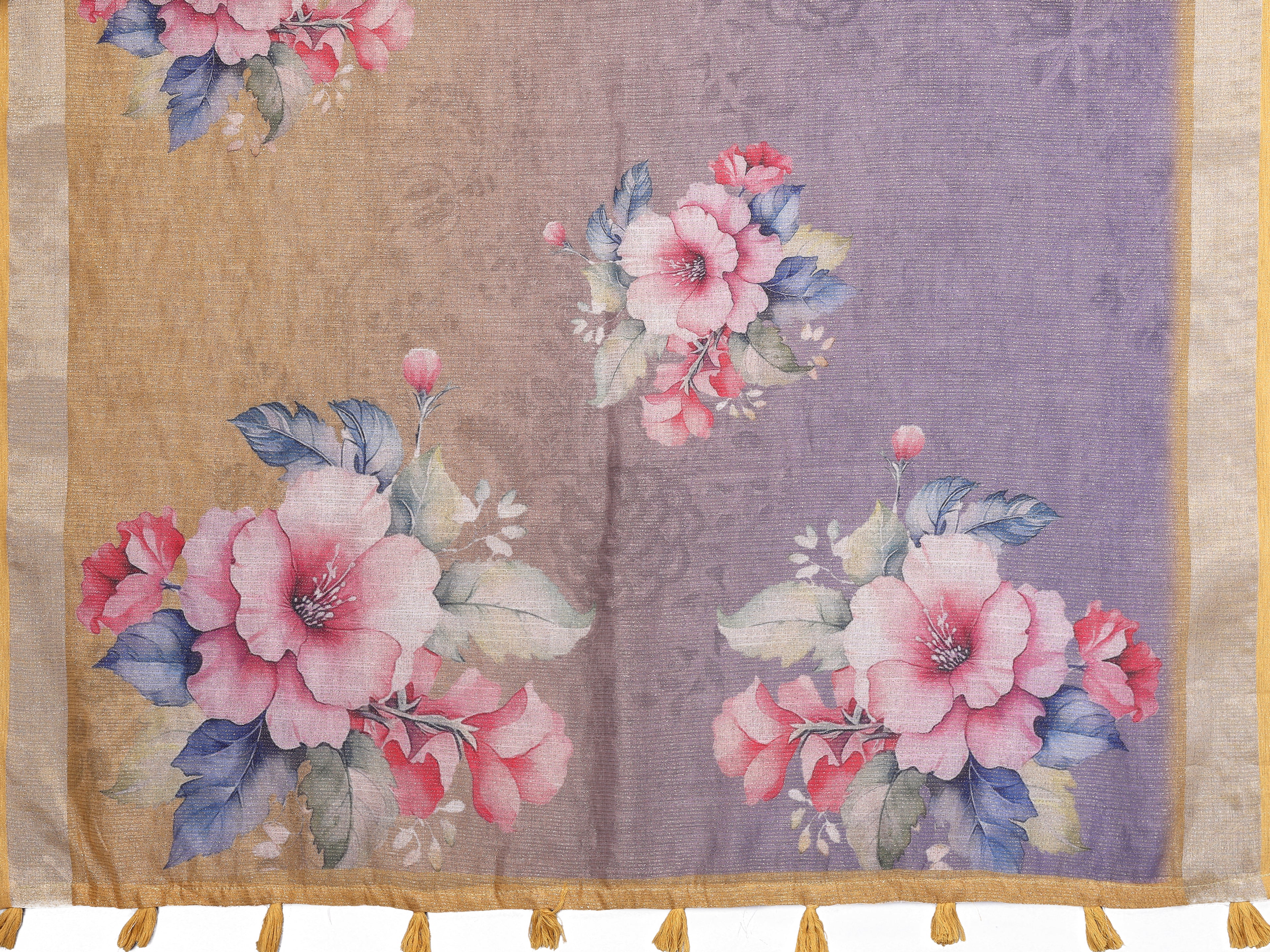 Lavender Yellow Floral Printed Linen Shimmer Saree with Golden Tassel Border