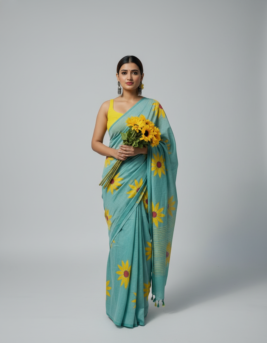 Pure Linen Cotton Digital Printed Saree with Handmade Zalar – PHPL 233