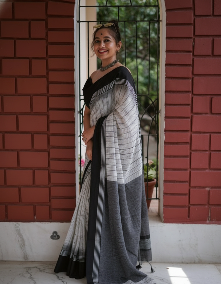 Pure Linen Cotton Digital Printed Saree with Handmade Zalar – PHPL 234