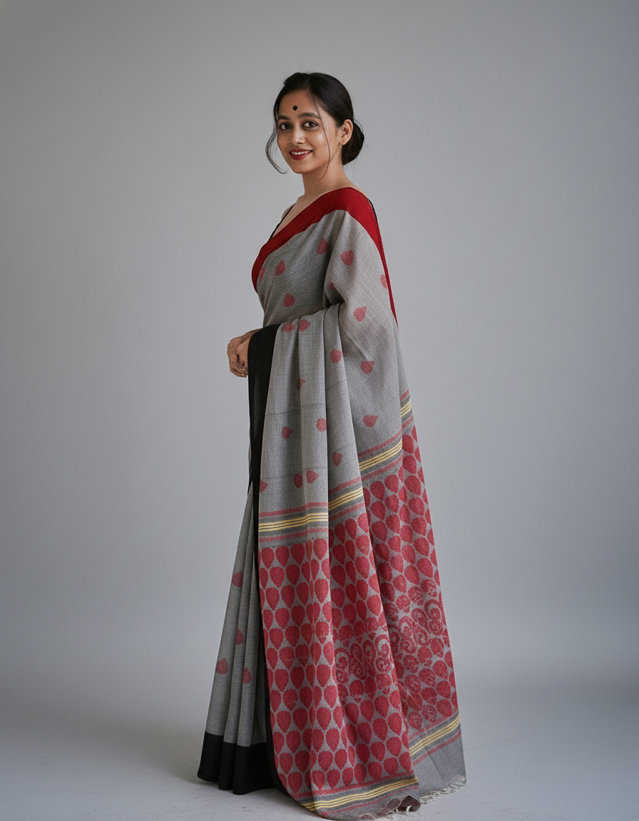 Pure Linen Cotton Digital Printed Saree with Handmade Zalar – PHPL 235